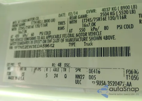 2014 Ford E-250 Commercial z USA, uszkodzony, nr VIN 1FTNE2EW3EDA59642